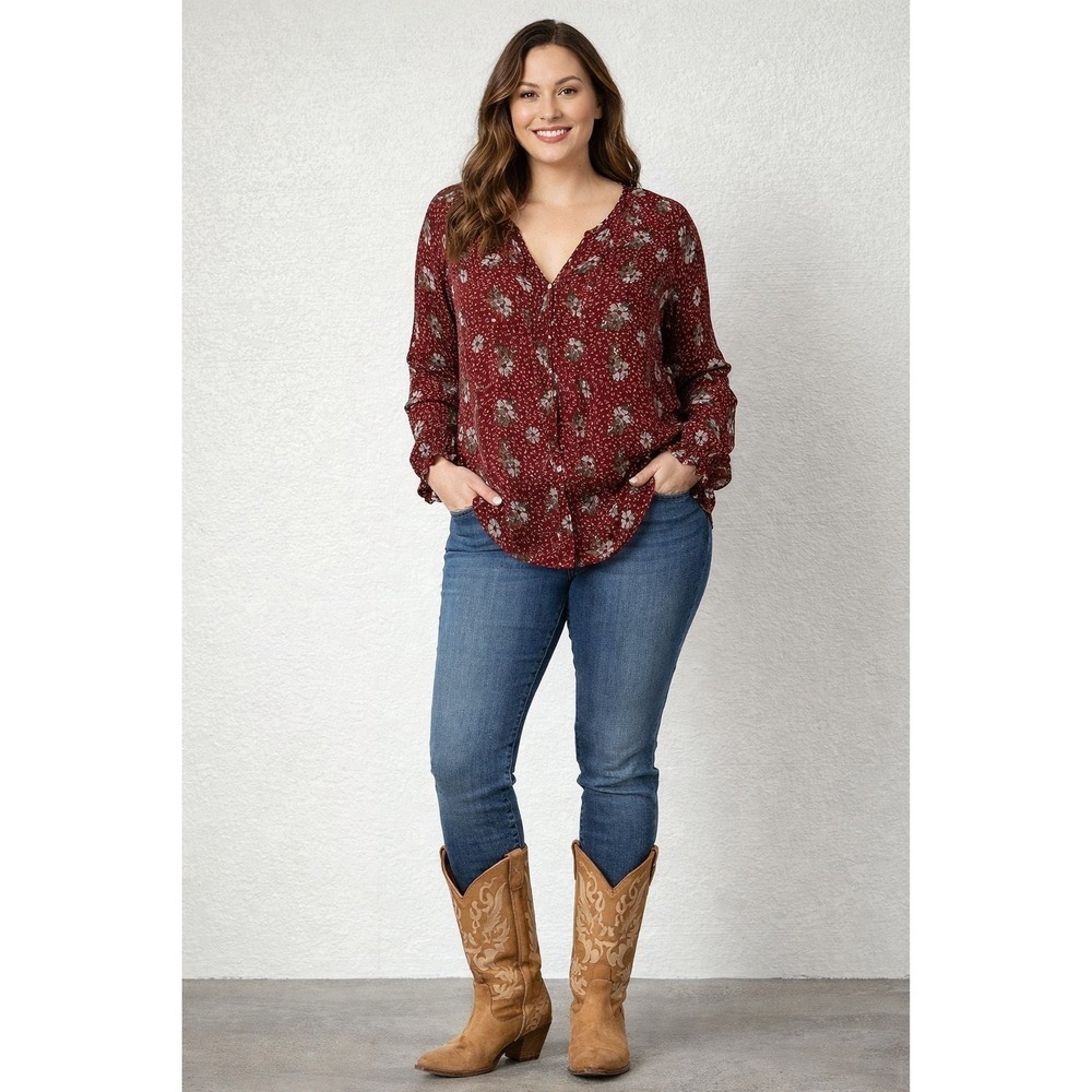 Free People Burgundy Floral Bohemian Crochet Lace V-Neck Blouse Womens Medium